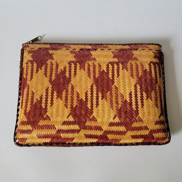 Vintage Woven Diamond Pattern Rattan Zip Clutch Purse Glossy Boho Coastal Retro - Picture 2 of 9